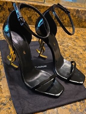 Saint Laurent OPYUM Black Patent Leather Heeled Sandals with Gold YSL Heel